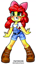 Size: 1024x1796 | Tagged: safe, artist:shadowhawx, character:apple bloom, species:eqg human, g4, my little pony:equestria girls, adorabloom, alternate eye color, apple family member, boots, bow, clothing, cowboy boots, cute, eye clipping through hair, eyebrows, eyebrows visible through hair, female, freckles, green eyes, grin, hair bow, overalls, pigeon toed, shoes, simple background, smiling, solo, tooth gap, white background, wrong eye color