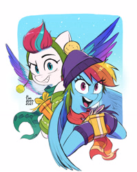 Size: 2480x3112 | Tagged: safe, artist:fanzeem, character:rainbow dash, character:zipp storm, species:pegasus, species:pony, episode:best gift ever, g4, g5, my little pony: a new generation, my little pony: friendship is magic, clothing, colored wings, duo, duo female, eye clipping through hair, eyebrows, female, gloves, hat, high res, holding, knit hat, looking at you, mare, multicolored wings, open mouth, open smile, present, signature, simple background, smiling, snow, spread wings, wings, winter outfit