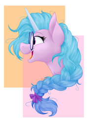 Size: 3102x4330 | Tagged: safe, artist:feather_bloom, character:izzy moonbow, species:pony, species:unicorn, g5, abstract background, alternate hairstyle, bow, braid, bust, colored eyebrows, cute, eyebrows, glasses, gradient hair, hair bow, izzybetes, multicolored hair, open mouth, open smile, portrait, profile, ribbon, signature, simple background, smiling, solo