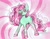 Size: 1666x1289 | Tagged: safe, artist:spookberry, manebooru spotlight, character:minty, species:earth pony, species:pony, g4, abstract background, colored hooves, female, hair over one eye, hooves, looking at you, mare, open mouth, open smile, signature, smiling, solo, unshorn fetlocks