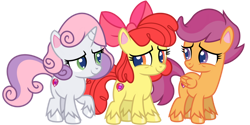 Size: 1024x512 | Tagged: safe, artist:emeraldblast63, character:apple bloom, character:scootaloo, character:sweetie belle, species:earth pony, species:pegasus, species:pony, species:unicorn, episode:disappearing act, g4, g4.5, my little pony: pony life, my little pony:pony life, alternate design, apple family member, cutie mark, cutie mark crusaders, digital art, female, filly, g4.5 to g4, looking at each other, redesign, simple background, the cmc's cutie marks, transparent background, trio, trio female, unshorn fetlocks, vector, young