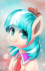 Size: 1070x1695 | Tagged: dead source, safe, artist:voxelfyre, character:coco pommel, species:earth pony, species:pony, g4, abstract background, bust, cocobetes, colored pupils, cute, eyebrows, featured on derpibooru, female, looking at you, mare, portrait, smiling, solo