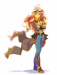 Size: 2550x3300 | Tagged: safe, artist:rustyartist, character:sunset shimmer, species:eqg human, g4, my little pony:equestria girls, ami koshimizu, anime, belly button, boots, breasts, cleavage, clothing, cosplay, costume, crossed arms, female, looking at you, rwby, shoes, simple background, solo, sunglasses, voice actor joke, white background, yang xiao long