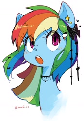 Size: 1134x1635 | Tagged: safe, artist:nendo, character:rainbow dash, species:pegasus, species:pony, g4, :o, alternate hairstyle, bust, eye clipping through hair, female, jewelry, mare, open mouth, portrait, signature, simple background, solo