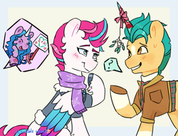 Size: 1700x1300 | Tagged: safe, artist:scribblespark, character:hitch trailblazer, character:izzy moonbow, character:zipp storm, species:earth pony, species:pegasus, species:pony, species:unicorn, ship:hitchzipp, g5, blaze (coat marking), blushing, christmas, clothing, coat markings, colored hooves, cute, dialogue, eyes closed, fake horn, female, gradient hair, holiday, hoof hold, hooves, jacket, male, mare, mistletoe, multicolored hair, open mouth, open smile, raised hoof, scarf, shipper on deck, shipping, sign, simple background, smiling, socks (coat marking), speech bubble, stallion, straight, text, unshorn fetlocks