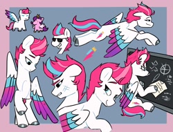 Size: 1700x1300 | Tagged: safe, artist:scribblespark, character:pipp petals, character:zipp storm, species:pegasus, species:pony, g5, my little pony: a new generation, chalkboard, circlet, coat markings, colored eyebrows, colored hooves, colored wings, equation, eyebrows, female, flying, folded wings, holding, hoof hold, hooves, looking down, mare, math, messy mane, mouth hold, multicolored wings, pipp is small, pipp wings, profile, raised hoof, scuff mark, sheet, sitting, smiling, socks (coat marking), spread wings, sunglasses, three quarter view, wings, writing