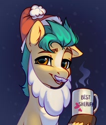 Size: 1255x1473 | Tagged: safe, alternate version, artist:taneysha, character:hitch trailblazer, species:earth pony, species:pony, g5, beard, blaze (coat marking), chest fluff, christmas, clothing, coat markings, colored eyebrows, colored hooves, cute, ear down, ear fluff, eyebrows, facial hair, fake beard, fake moustache, hat, hitchbetes, holiday, hooves, looking at you, male, moustache, mug, one ear down, santa hat, sheriff, simple background, smiling, solo, stallion, steam, three quarter view, unshorn fetlocks