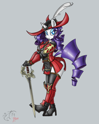 Size: 1200x1500 | Tagged: safe, artist:melancholy, character:rarity, species:anthro, species:unicorn, g4, crossover, female, final fantasy, final fantasy xiv, gray background, looking at you, mare, red mage, side slit, signature, simple background, solo, sword, weapon, white pupils