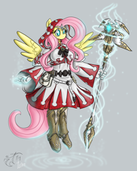 Size: 1200x1500 | Tagged: safe, artist:melancholy, character:fluttershy, species:anthro, species:pegasus, g4, crossover, female, final fantasy, final fantasy xiv, floating, glowing hands, gray background, magic, magic aura, mare, open mouth, signature, simple background, solo, spread wings, staff, white mage, white pupils, wings