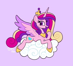 Size: 2045x1855 | Tagged: safe, artist:squididdlee, part of a set, character:princess cadance, species:alicorn, species:pony, g4, clothing, cloud, colored wings, crown, cute, cutedance, female, hoof shoes, jewelry, looking at you, lying down, mare, multicolored wings, necklace, on a cloud, open mouth, peytral, profile, prone, purple background, raised hoof, regalia, shoes, signature, simple background, solo, spread wings, two toned wings, wings