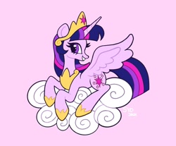 Size: 2048x1699 | Tagged: safe, artist:squididdlee, part of a set, character:twilight sparkle, character:twilight sparkle (alicorn), species:alicorn, species:pony, g4, clothing, cloud, crown, cute, female, hoof shoes, jewelry, mare, necklace, older, older twilight, on a cloud, peytral, pink background, princess twilight 2.0, profile, regalia, shoes, signature, simple background, smiling, solo, spread wings, twiabetes, wings