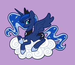 Size: 2048x1780 | Tagged: safe, artist:squididdlee, part of a set, character:princess luna, species:alicorn, species:pony, g4, clothing, cloud, crown, cute, female, hoof shoes, jewelry, looking at you, lunabetes, lying down, mare, necklace, on a cloud, peytral, profile, prone, purple background, regalia, shoes, simple background, solo, spread wings, wings