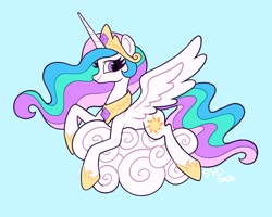Size: 2048x1639 | Tagged: safe, artist:squididdlee, part of a set, character:princess celestia, species:alicorn, species:pony, g4, blue background, clothing, cloud, crown, cute, cutelestia, female, hoof shoes, jewelry, looking at you, lying down, mare, necklace, on a cloud, peytral, profile, prone, regalia, shoes, signature, simple background, solo, spread wings, wings