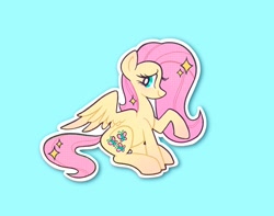 Size: 2048x1616 | Tagged: safe, artist:squididdlee, character:fluttershy, species:pegasus, species:pony, g4, aside glance, black outlines, blue background, blushing, cute, daaaaaaaaaaaw, female, looking at you, mare, outline, profile, raised hoof, shyabetes, simple background, sitting, smiling, solo, sparkles, sparkling mane, spread wings, teal background, white outline, wings