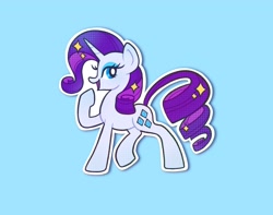 Size: 2048x1616 | Tagged: safe, artist:squididdlee, character:rarity, species:pony, species:unicorn, g4, aside glance, blue background, female, looking at you, mare, open mouth, profile, raised hoof, simple background, solo, sparkles