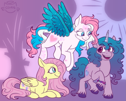 Size: 1021x818 | Tagged: safe, artist:coiris, artist:cordearcoiris, character:fluttershy, character:izzy moonbow, character:star catcher, species:pegasus, species:pony, species:unicorn, g3, g4, g5, my little pony: a new generation, backwards cutie mark, bracelet, colored hooves, colored wings, crossover, cutie mark, eyebrows, eyebrows visible through hair, female, flying, folded wings, g3 to g5, g4 to g5, generation leap, gradient hair, hooves, jewelry, looking at each other, looking at someone, lying down, mare, multicolored hair, open mouth, open smile, outdoors, profile, prone, raised hoof, smiling, spread wings, standing, sun, swirly markings, three quarter view, tree, trio, unshorn fetlocks, wings