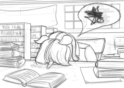 Size: 1754x1240 | Tagged: safe, artist:apocheck13, character:twilight sparkle, species:anthro, species:pony, g4, black and white, book, bookshelf, chair, dialogue, explicit source, face down, female, grayscale, horn, library, mare, monochrome, sitting, sketch, solo, speech bubble, text, window