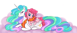Size: 1280x548 | Tagged: dead source, safe, artist:mn27, character:pinkie pie, character:princess celestia, species:alicorn, species:earth pony, species:pony, g4, clothing, cute, cutelestia, diapinkes, female, lesbian, looking at each other, lying down, mare, pinkie pie riding celestia, pinkielestia, ponies riding ponies, profile, prone, riding, scarf, shared clothing, shared scarf, shipping, simple background, smiling, three quarter view