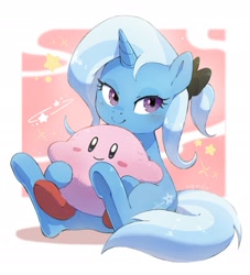 Size: 1847x2033 | Tagged: safe, artist:nendo, character:trixie, species:pony, species:unicorn, g4, bow, cute, kirby, plushie, ponytail, simple background, sitting, solo