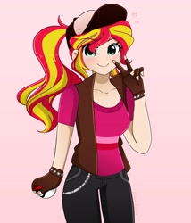 Size: 3514x4096 | Tagged: safe, artist:kittyrosie, character:sunset shimmer, species:human, g4, clothing, crossover, gloves, hat, humanized, jeans, peace sign, pokeball, pokémon, ponytail, simple background, solo