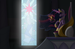 Size: 7706x5064 | Tagged: safe, artist:arediejie, character:twilight sparkle, character:twilight sparkle (alicorn), species:alicorn, species:pony, g4, book, chiaroscuro, crown, cutie mark, female, magic, mare, princess twilight 2.0, regalia, sitting, solo, spoiler, stained glass, stained glass window, throne