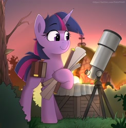 Size: 4018x4096 | Tagged: safe, artist:felixf, character:twilight sparkle, character:twilight sparkle (unicorn), species:pony, species:unicorn, g4, book, box, ponyville, scroll, solo, sunset, telescope