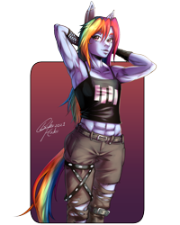 Size: 1200x1500 | Tagged: safe, artist:bakuhaku, character:rainbow dash, species:anthro, g4, armpits, black flag, buff, clothing, female, fishnets, industrial piercing, lip piercing, muscles, muscular female, nose piercing, panties, pants, piercing, punk, ripped pants, solo, tank top, thong, torn clothes, underwear