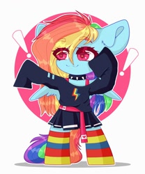 Size: 2000x2400 | Tagged: safe, artist:etoz16, character:rainbow dash, species:pegasus, species:pony, g4, chibi, clothing, collar, cutie mark, long sleeves, simple background, socks, solo, spread wings, standing on two hooves, wings
