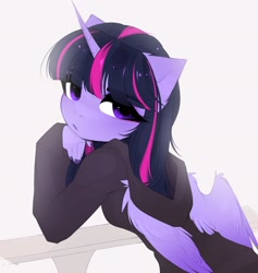 Size: 1941x2048 | Tagged: safe, artist:magnaluna, character:twilight sparkle, character:twilight sparkle (alicorn), species:alicorn, species:anthro, species:pony, g4, bust, head turn, hoodie, looking back, looking back at you, railing, simple background, solo