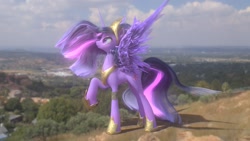 Size: 1280x720 | Tagged: safe, artist:robinnomadrain, character:twilight sparkle, character:twilight sparkle (alicorn), species:alicorn, species:pony, episode:the last problem, g4, my little pony: friendship is magic, big crown thingy 2.0, female, hoof shoes, irl, looking at something, mare, peytral, photo, ponies in real life, princess twilight 2.0, raised hoof, solo, spread wings, windswept mane, wings