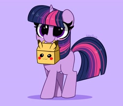 Size: 4096x3537 | Tagged: safe, artist:kittyrosie, character:twilight sparkle, character:twilight sparkle (unicorn), species:pony, species:unicorn, g4, blushing, chibi, crossover, cute, female, filly, filly twilight sparkle, heart eyes, lunchbox, mouth hold, pikachu, pokémon, purple background, simple background, solo, twiabetes, wingding eyes, younger