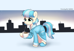 Size: 936x649 | Tagged: safe, artist:vinilyart, character:coco pommel, species:earth pony, species:pony, g4, bathrobe, coffee, cup, hoof hold, robe, sleepy, slippers, solo