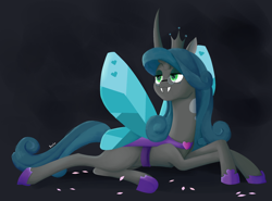 Size: 2300x1700 | Tagged: safe, artist:biocrine, character:queen chrysalis, species:changeling, g4, alternate universe, black background, butterfly wings, lying down, mirror universe, reversalis, solo