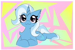 Size: 3543x2362 | Tagged: safe, artist:jubyskylines, character:trixie, species:pony, species:unicorn, g4, :3, chest fluff, looking at you, lying down, owo, simple background, solo