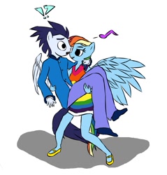 Size: 947x991 | Tagged: safe, anonymous artist, character:rainbow dash, character:soarin', species:anthro, species:pegasus, species:plantigrade anthro, species:pony, ship:soarindash, g4, bridal carry, clothing, cute, dress, female, happy, male, mare, mary janes, rainbow dash, rainbow dash always dresses in style, stallion, suit, surprised