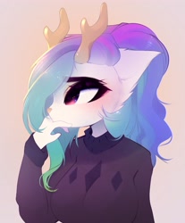 Size: 3397x4096 | Tagged: safe, artist:magnaluna, character:princess celestia, species:deer, g4, antlers, bust, clothing, ear fluff, hand on chin, solo, species swap, sweater