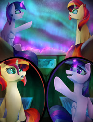 Size: 1920x2496 | Tagged: safe, artist:nixworld, character:sunset shimmer, character:twilight sparkle, character:twilight sparkle (alicorn), species:alicorn, species:pony, species:unicorn, g4, aurora borealis, fanfic art, female, glowing horn, magic, mare, night sky, profile, raised hoof, sitting, three quarter view