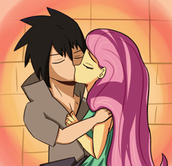 Size: 2080x2017 | Tagged: safe, artist:artiks, character:fluttershy, species:human, g4, art challenge, crossover, crossover shipping, kissing, manechat challenge, sasuke, shipping