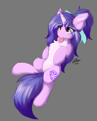 Size: 960x1200 | Tagged: safe, artist:lunar froxy, oc, oc only, oc:avici flower, species:pony, species:unicorn, g4, chest fluff, ear fluff, eye clipping through hair, female, fluffy, hair bow, mare, mouth hold, on back, simple background, solo
