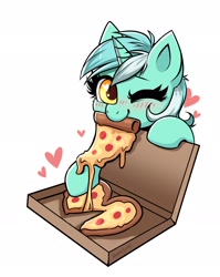 Size: 1526x1914 | Tagged: safe, artist:confetticakez, character:lyra heartstrings, species:pony, species:unicorn, g4, blushing, cute, food, heart, heart eyes, lyrabetes, one eye closed, pizza, simple background, solo, that pony sure does love humans, tomato, tomato pizza, weapons-grade cute, white background, wingding eyes, wink