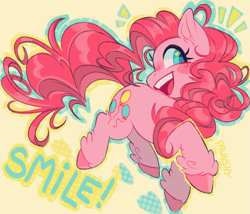Size: 865x740 | Tagged: safe, artist:_fawnshy, character:pinkie pie, species:earth pony, species:pony, g4, open mouth, pronking, simple background, smiling, solo, text, unshorn fetlocks