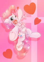Size: 1430x2048 | Tagged: safe, artist:kurogewapony, character:pinkie pie, species:earth pony, species:pony, g4, gift wrapped, heart, ribbon, simple background, solo, underhoof, valentine's day, wink