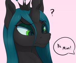 Size: 2400x2000 | Tagged: safe, artist:aquaticvibes, character:queen chrysalis, species:changeling, g4, bust, confused, dialogue, offscreen character, simple background, solo focus, speech bubble, text, valentine's day