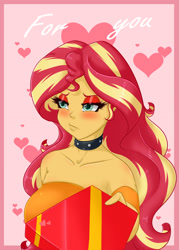 Size: 1500x2100 | Tagged: safe, artist:albert0_bm, artist:albertbm, character:sunset shimmer, species:eqg human, g4, blushing, chocolate, food, gift, holiday, solo, valentine's day