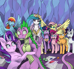 Size: 1600x1492 | Tagged: safe, artist:tillie-tmb, character:applejack, character:fluttershy, character:pinkie pie, character:princess celestia, character:rainbow dash, character:rarity, character:spike, character:starlight glimmer, character:twilight sparkle, character:twilight sparkle (alicorn), species:alicorn, species:dragon, species:earth pony, species:pegasus, species:pony, species:unicorn, comic:the amulet of shades, ship:sparlight, g4, comic, erlenmeyer flask, female, gem, grimdark series, male, mane six, mare, quill, shocked, shocked expression, spread wings, wings