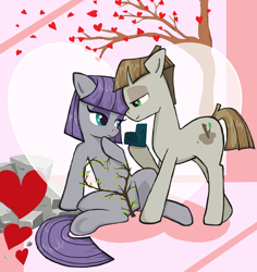 Size: 1572x1668 | Tagged: safe, artist:sallycars, character:maud pie, character:mudbriar, species:earth pony, species:pony, ship:maudbriar, g4, abstract background, duo, female, heart, looking at each other, male, mare, ms paint, profile, rock, shipping, simple background, stallion, straight, three quarter view, tree