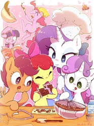 Size: 1192x1600 | Tagged: safe, artist:nendo, character:apple bloom, character:pinkie pie, character:rarity, character:scootaloo, character:sweetie belle, character:twilight sparkle, species:earth pony, species:pegasus, species:pony, species:unicorn, g4, baking, book, bowl, chef's hat, chibi, chocolate, clothing, cook book, cookie cutter, cute, heart, milk carton, spatula, whisk