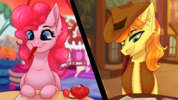 Size: 1920x1080 | Tagged: safe, artist:elektra-gertly, character:braeburn, character:pinkie pie, species:earth pony, species:pony, ship:braepie, g4, female, letter, male, mare, perfume, quill, shipping, stallion, straight, sugarcube corner, table