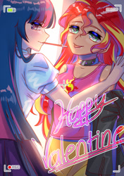 Size: 1280x1819 | Tagged: safe, artist:hanasakiyunarin, character:sunset shimmer, character:twilight sparkle, species:eqg human, ship:sunsetsparkle, g4, camera shot, choker, clothing, cute, cutie mark, cutie mark on clothes, duo, female, holiday, human coloration, kabedon, lesbian, looking at you, shipping, smiling, sunlight, thermometer, tongue out, valentine's day