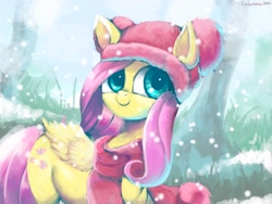 Size: 3993x3000 | Tagged: safe, artist:colochenni, manebooru spotlight, character:fluttershy, species:pegasus, species:pony, g4, beanie, clothing, cold, snow, solo, sweater, winter